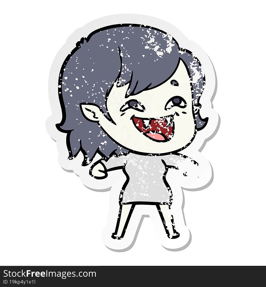 Distressed Sticker Of A Cartoon Laughing Vampire Girl