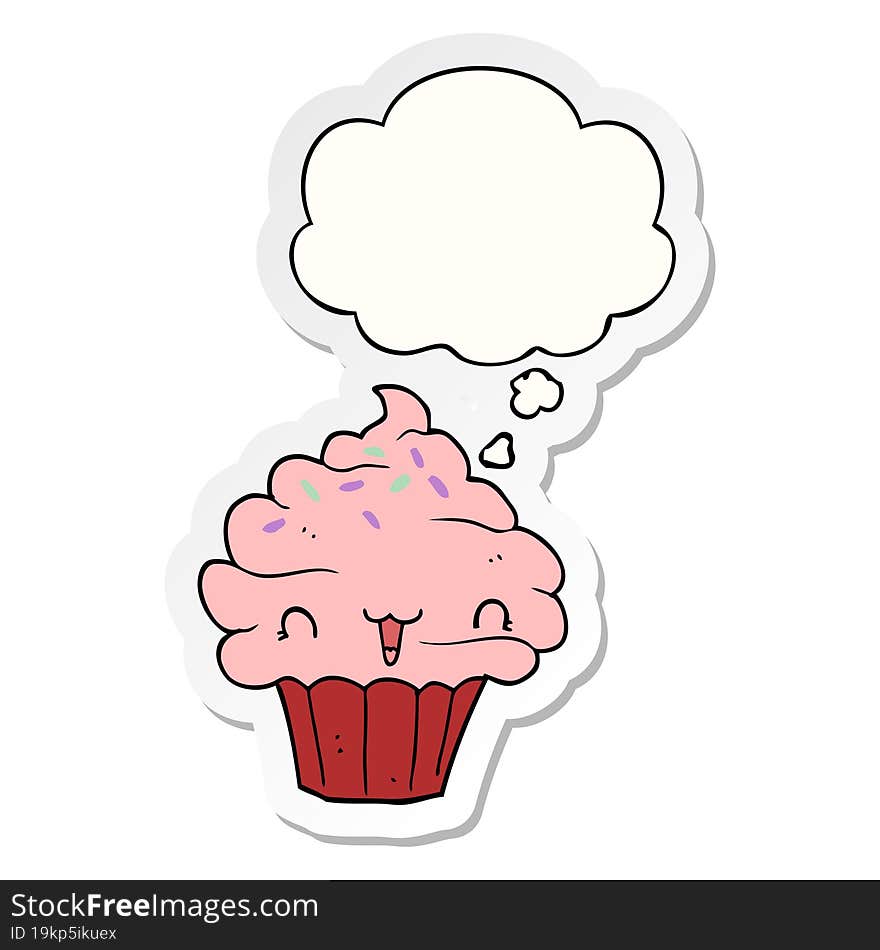 cute cartoon frosted cupcake and thought bubble as a printed sticker