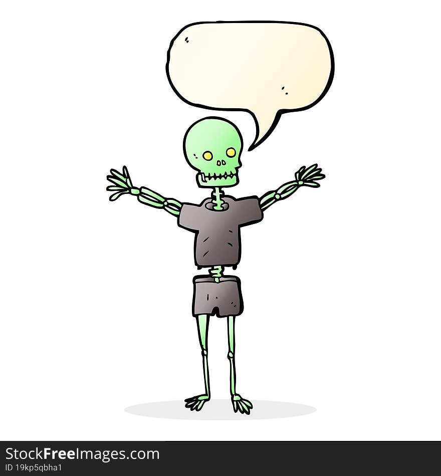 cartoon skeleton in clothes with speech bubble