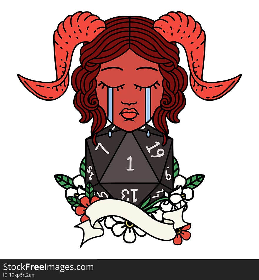 Retro Tattoo Style crying tiefling with natural one D20 roll. Retro Tattoo Style crying tiefling with natural one D20 roll