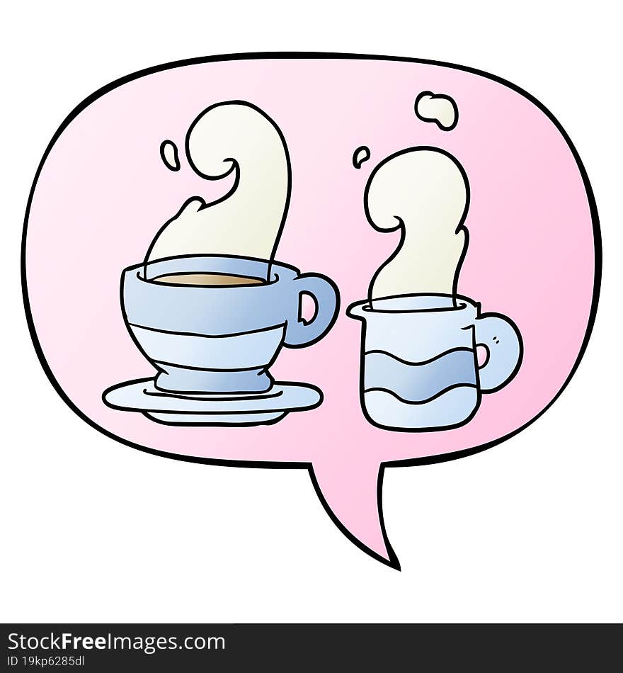 cartoon cup of coffee and speech bubble in smooth gradient style