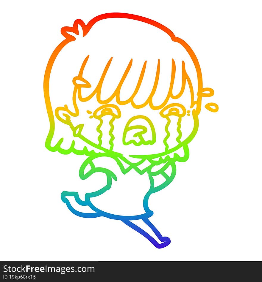 rainbow gradient line drawing of a cartoon girl crying