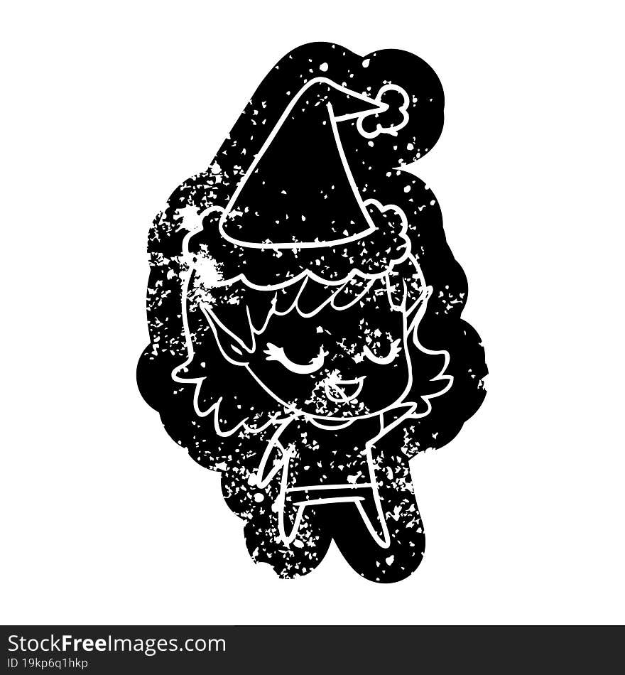 happy cartoon distressed icon of a elf girl wearing santa hat