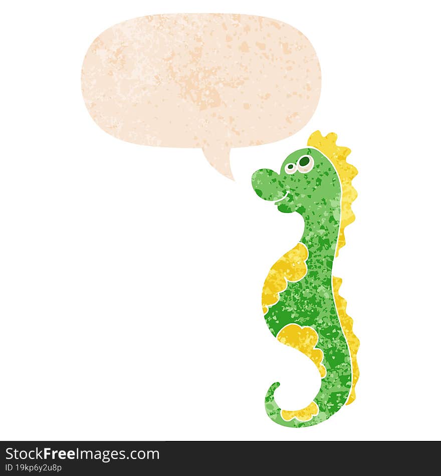 Cartoon Sea Horse And Speech Bubble In Retro Textured Style