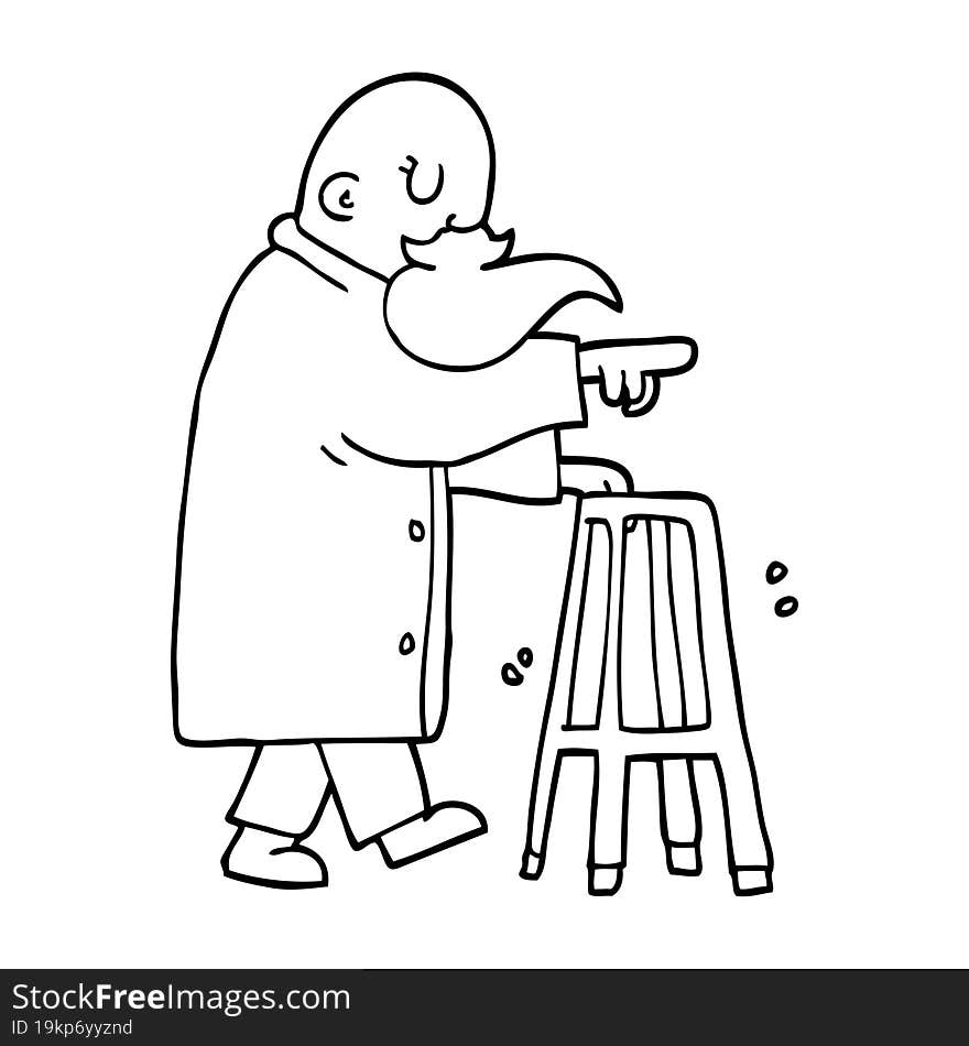 Line Drawing Cartoon Old Man With Walking Frame