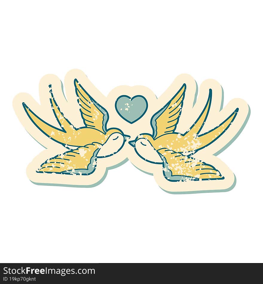 distressed sticker tattoo style icon of a swallows and a heart