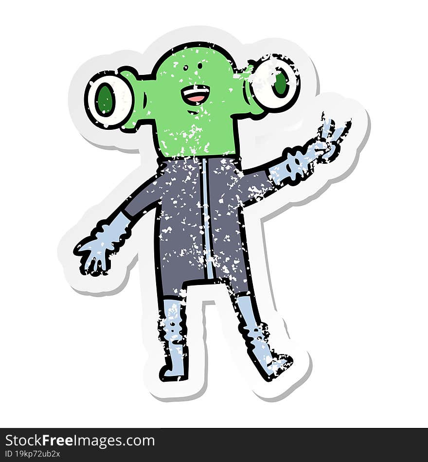 distressed sticker of a friendly cartoon alien giving peace sign