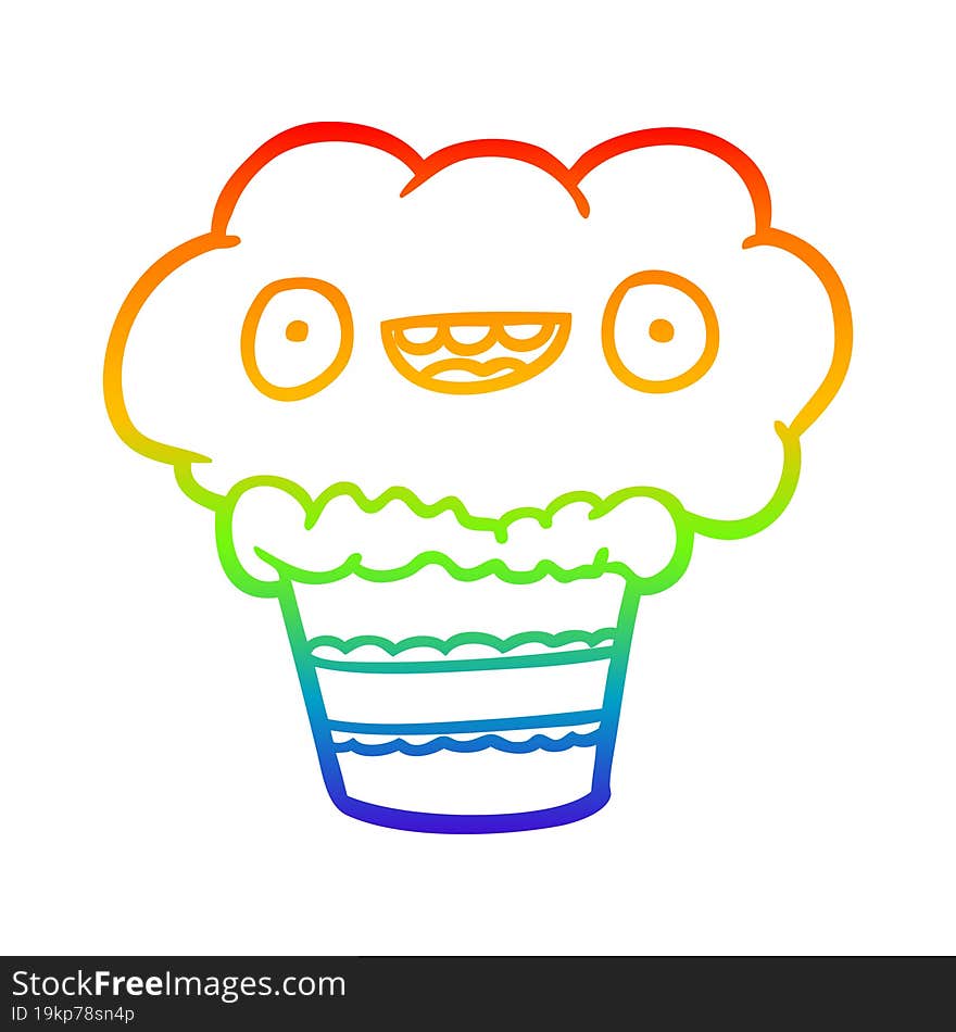 rainbow gradient line drawing of a funny cupcake