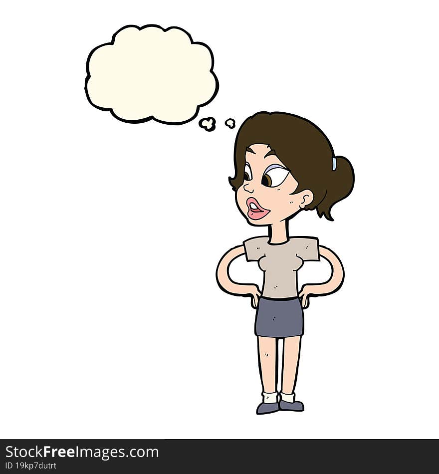 cartoon woman with hands on hips with thought bubble