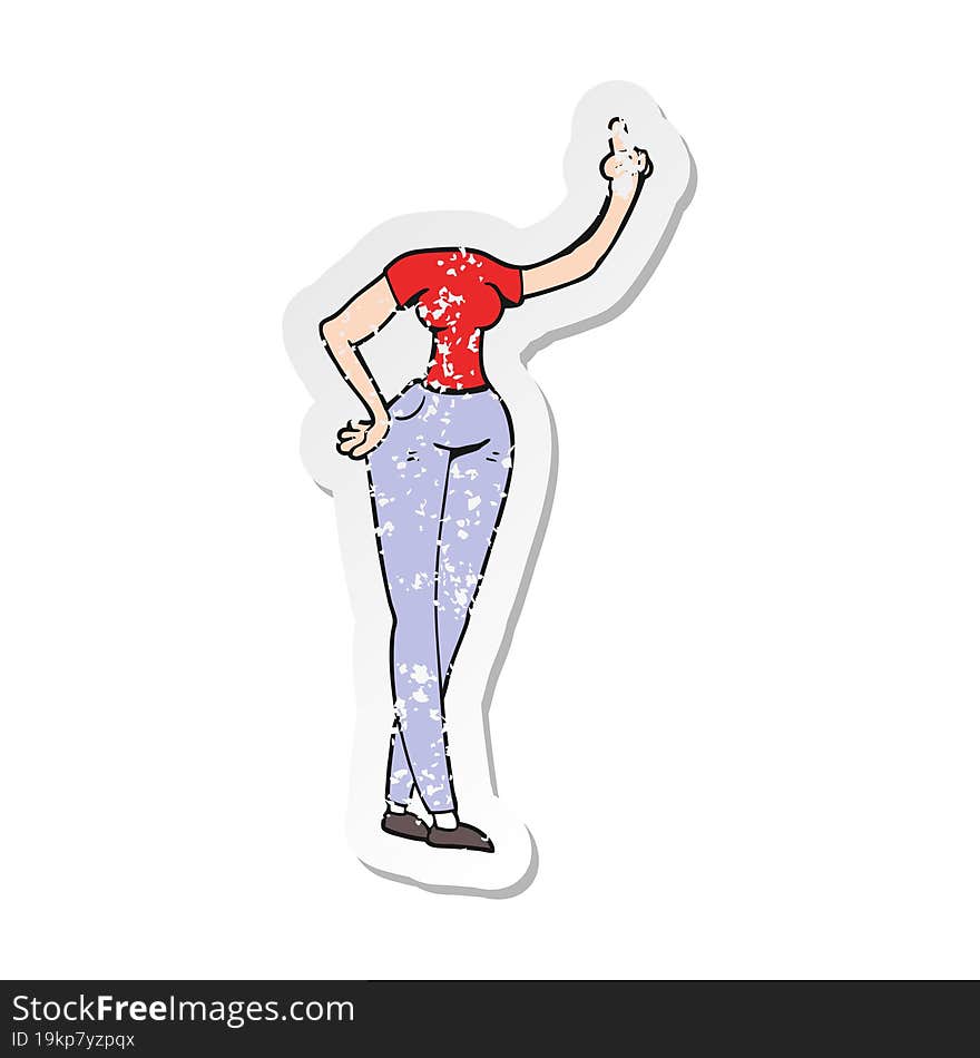 Retro Distressed Sticker Of A Cartoon Female Body With Raised Hand