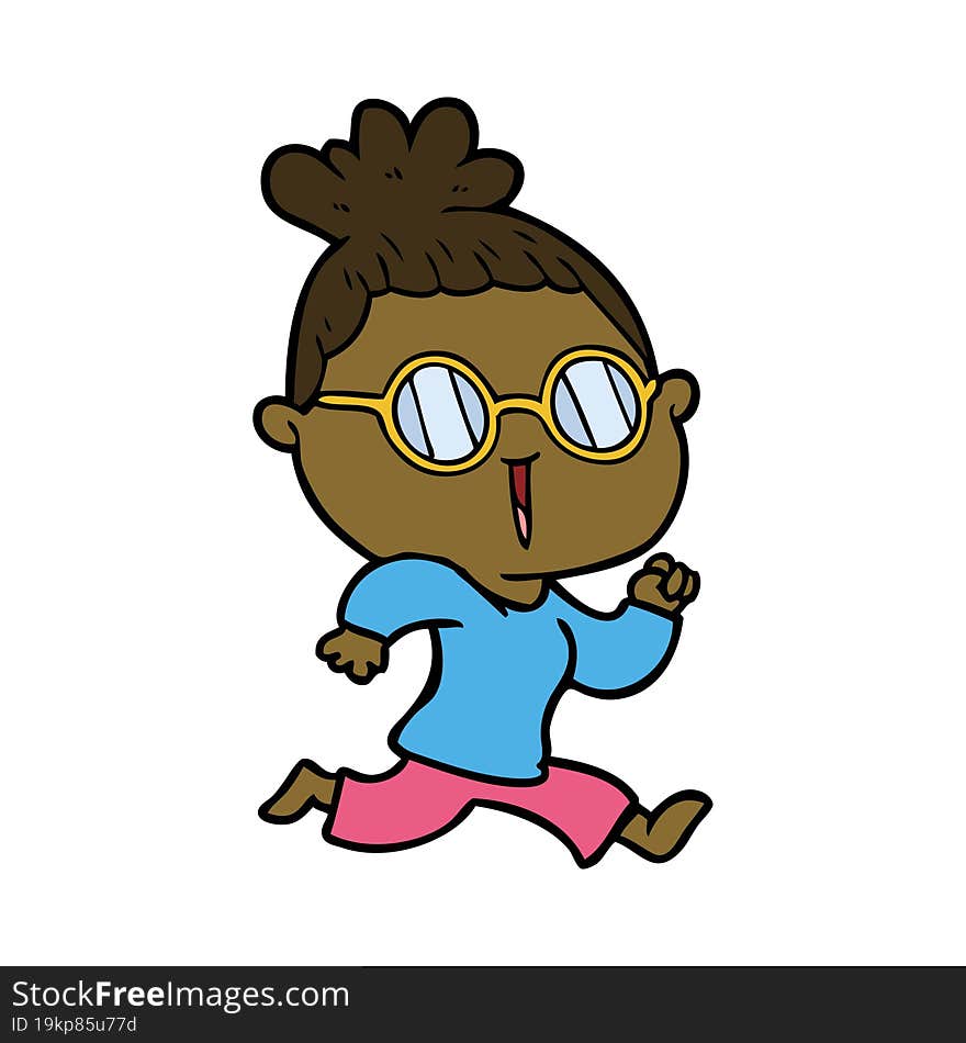 cartoon running woman wearing spectacles. cartoon running woman wearing spectacles