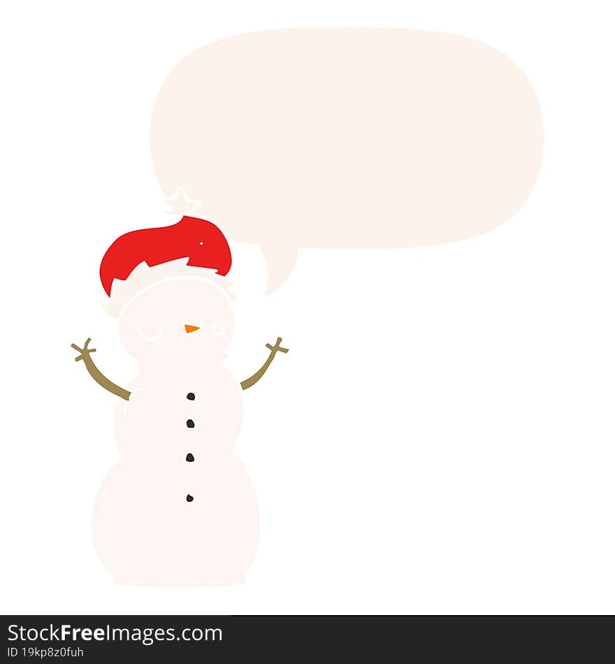 cartoon snowman and speech bubble in retro style