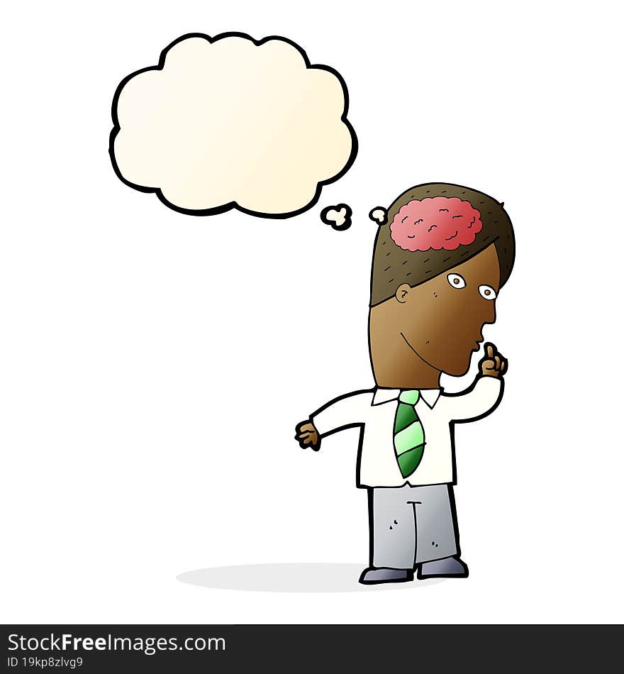 cartoon businessman with huge brain with thought bubble