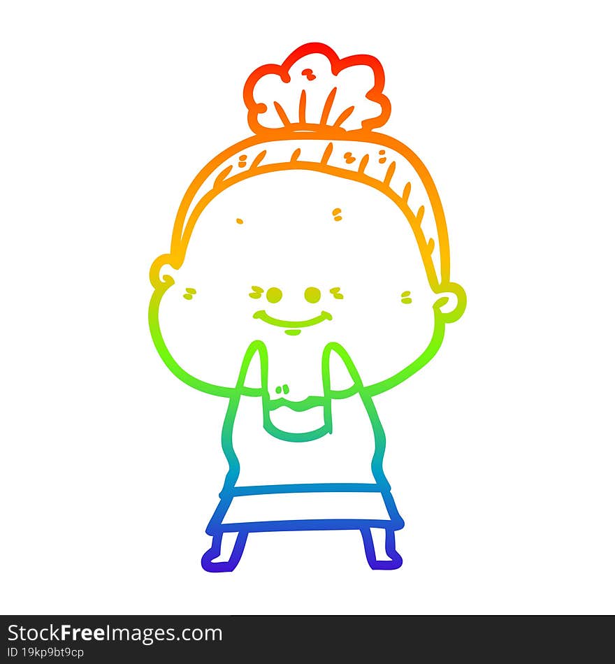 rainbow gradient line drawing of a cartoon happy old woman