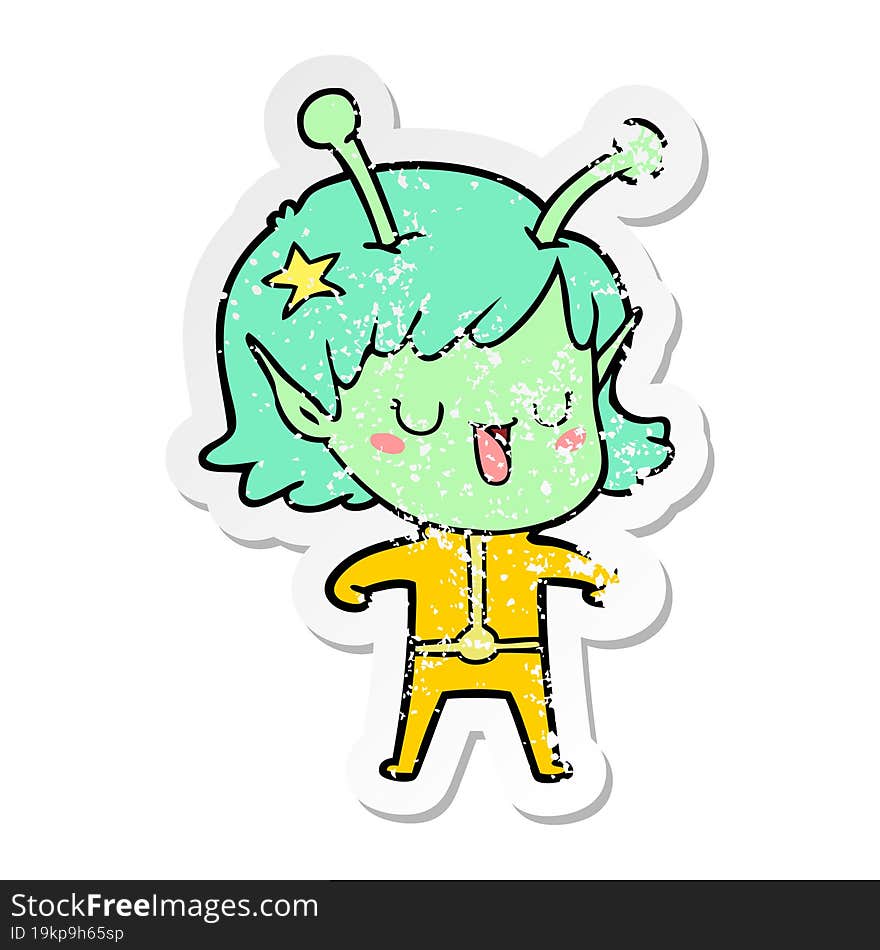 distressed sticker of a happy alien girl cartoon