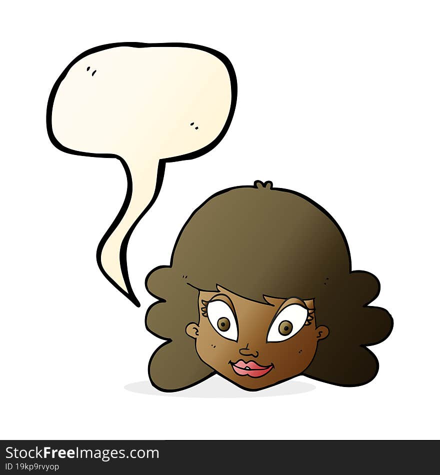 cartoon happy female face with speech bubble