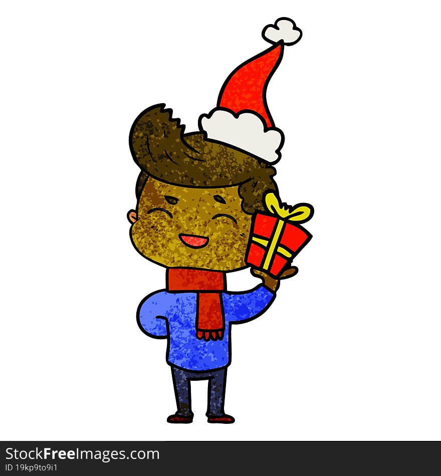 hand drawn textured cartoon of a man laughing wearing santa hat