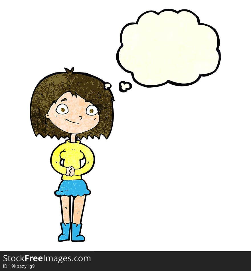 cartoon happy woman with thought bubble