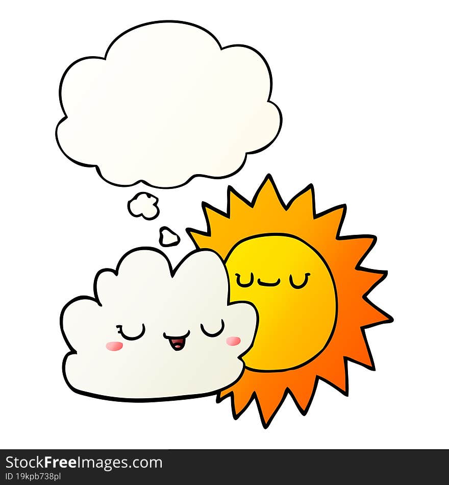 cartoon sun and cloud and thought bubble in smooth gradient style