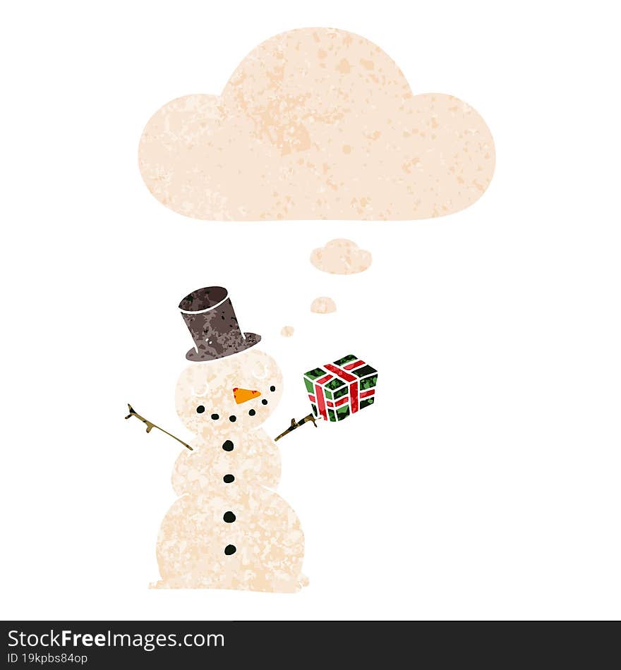 cartoon snowman and thought bubble in retro textured style