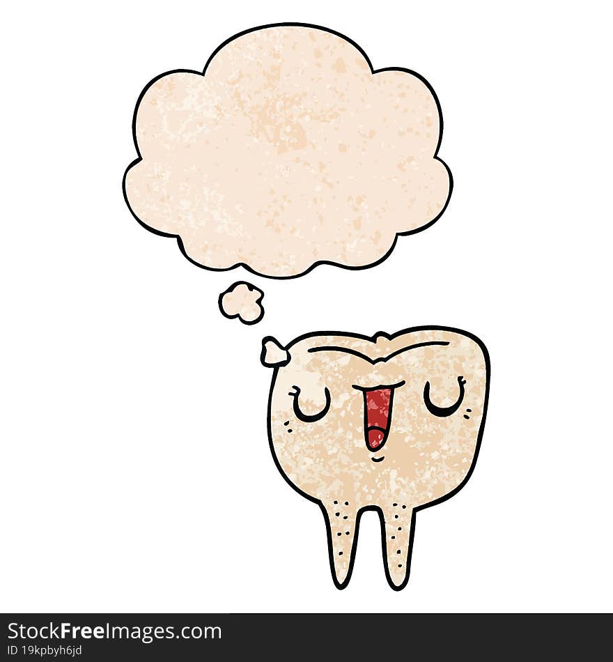 cartoon happy tooth and thought bubble in grunge texture pattern style