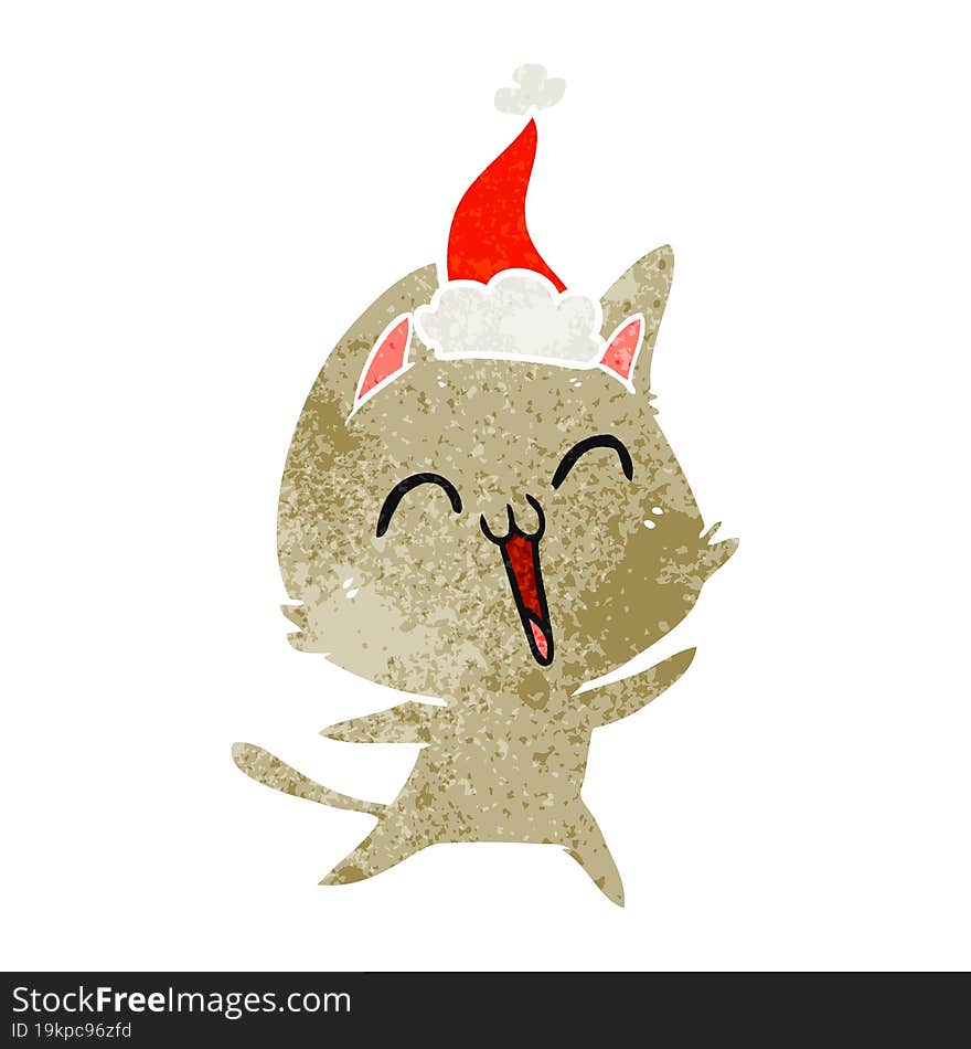 happy retro cartoon of a cat wearing santa hat