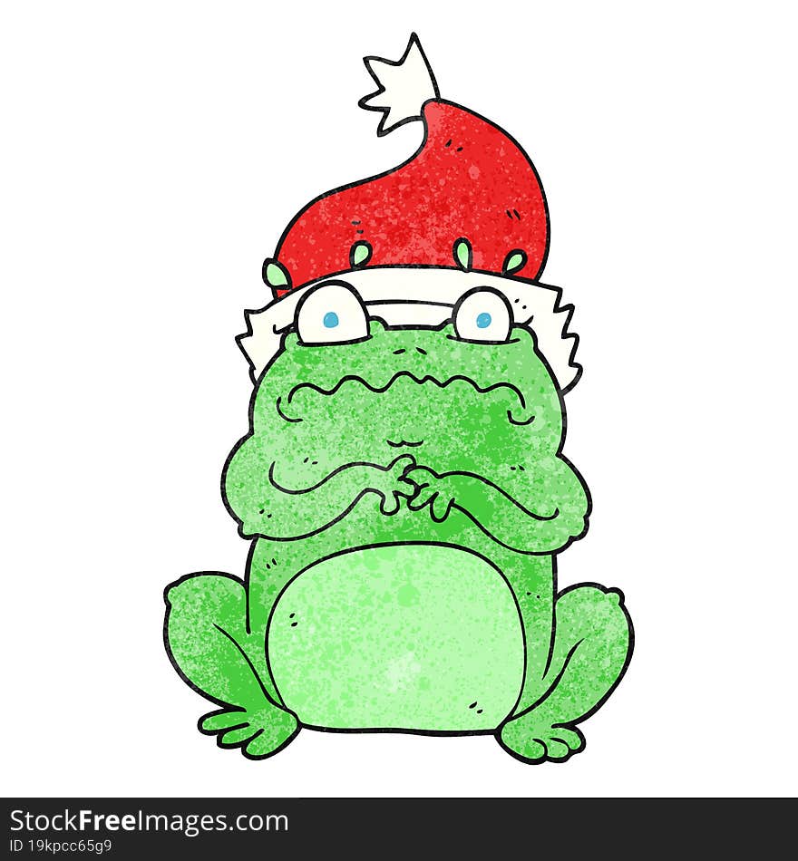 freehand textured cartoon frog in christmas hat