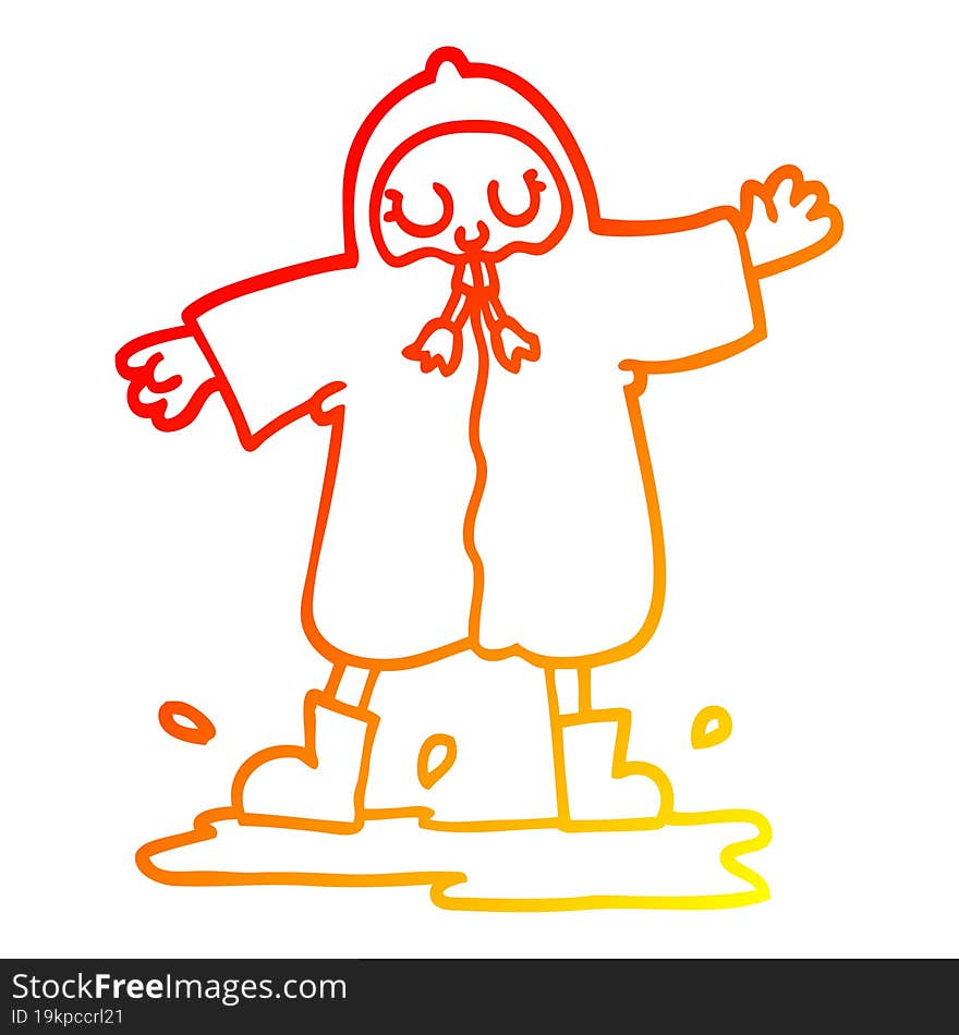 Warm Gradient Line Drawing Cartoon Person Splashing In Puddle Wearing Rain Coat