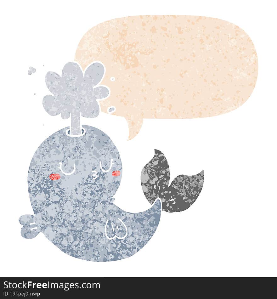 cartoon whale spouting water and speech bubble in retro textured style