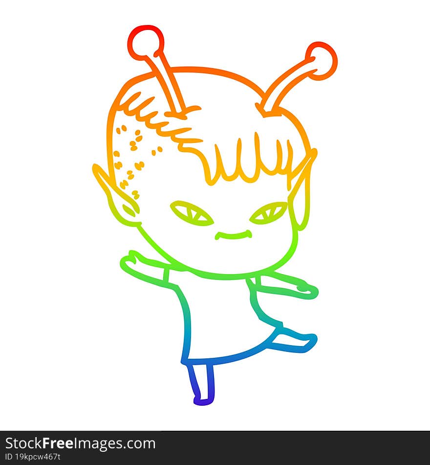 rainbow gradient line drawing of a cute cartoon alien girl