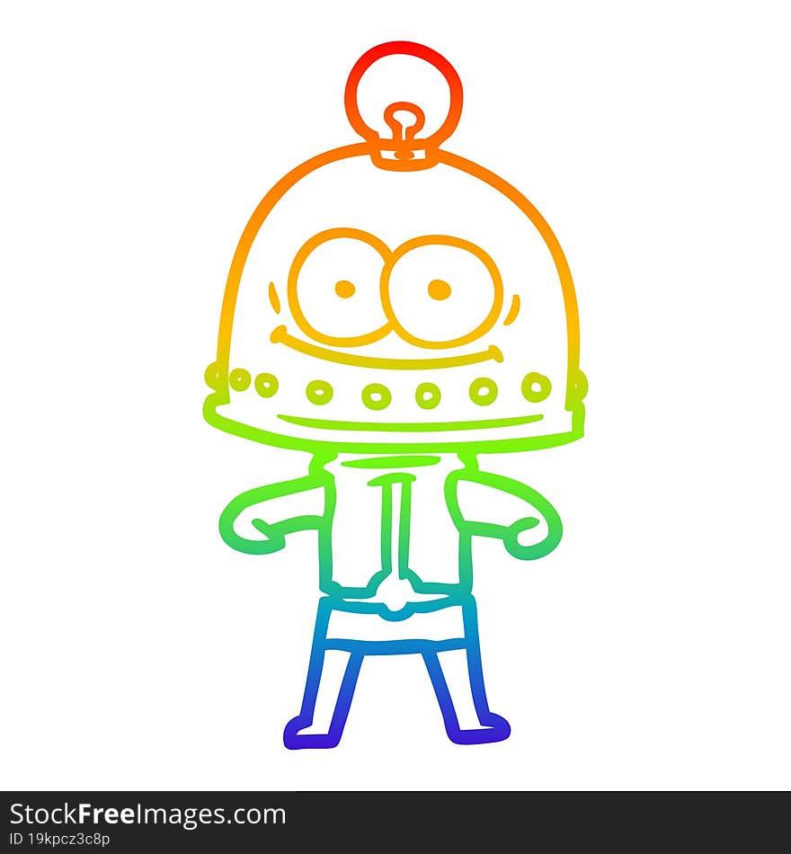 rainbow gradient line drawing of a happy carton robot with light bulb