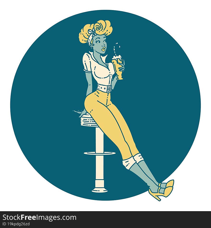 tattoo style icon of a pinup girl drinking a milkshake