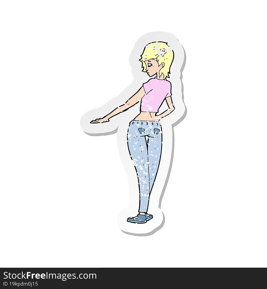 Retro Distressed Sticker Of A Cartoon Pretty Girl In Jeans And Tee