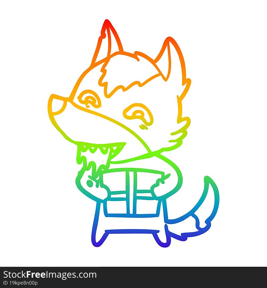 rainbow gradient line drawing cartoon hungry wolf holding christmas present