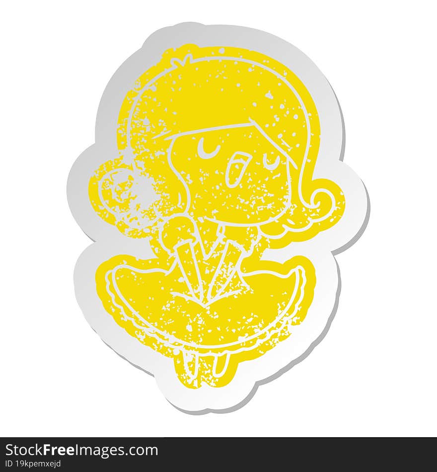 distressed old cartoon sticker of a cute singing kawaii girl