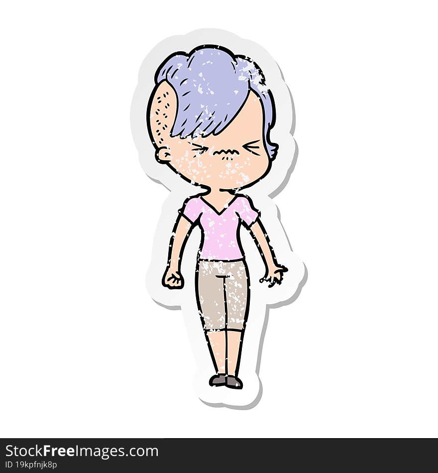 Distressed Sticker Of A Cartoon Annoyed Hipster Girl