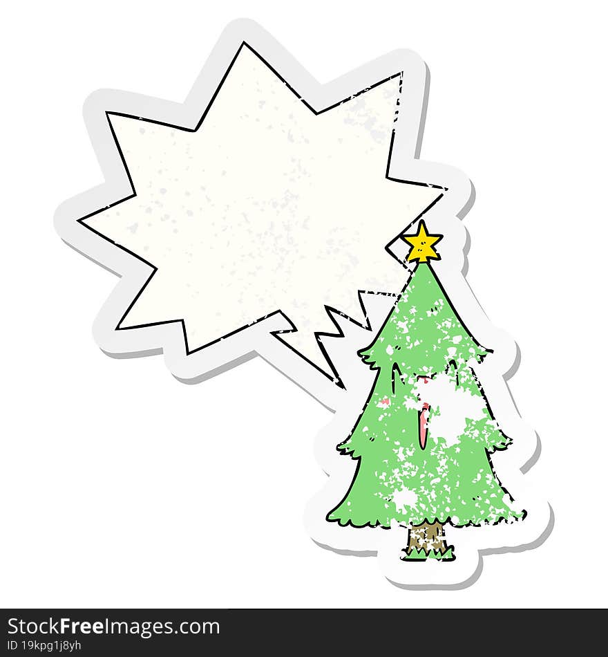 cartoon christmas tree and speech bubble distressed sticker