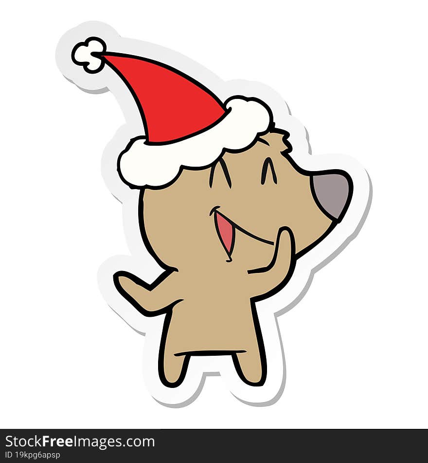 laughing bear hand drawn sticker cartoon of a wearing santa hat. laughing bear hand drawn sticker cartoon of a wearing santa hat