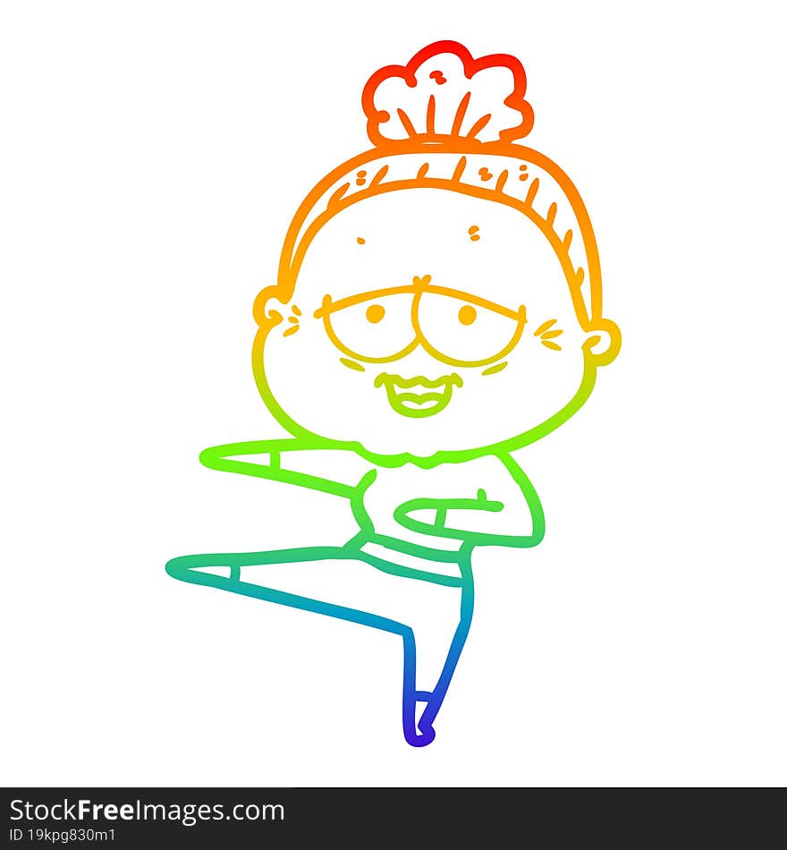 rainbow gradient line drawing of a cartoon happy old lady