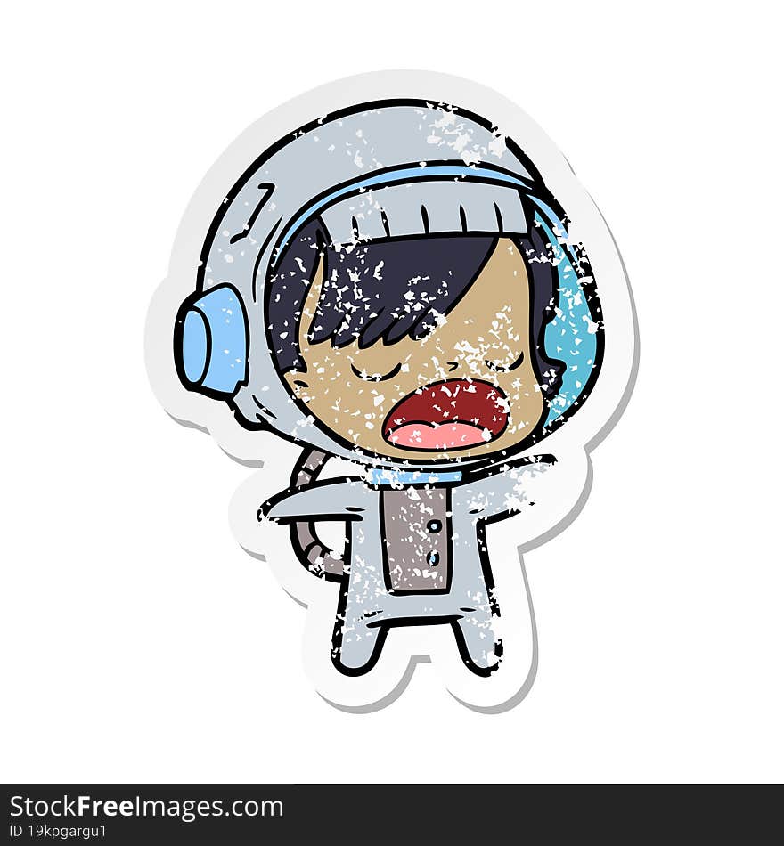 distressed sticker of a cartoon talking astronaut woman