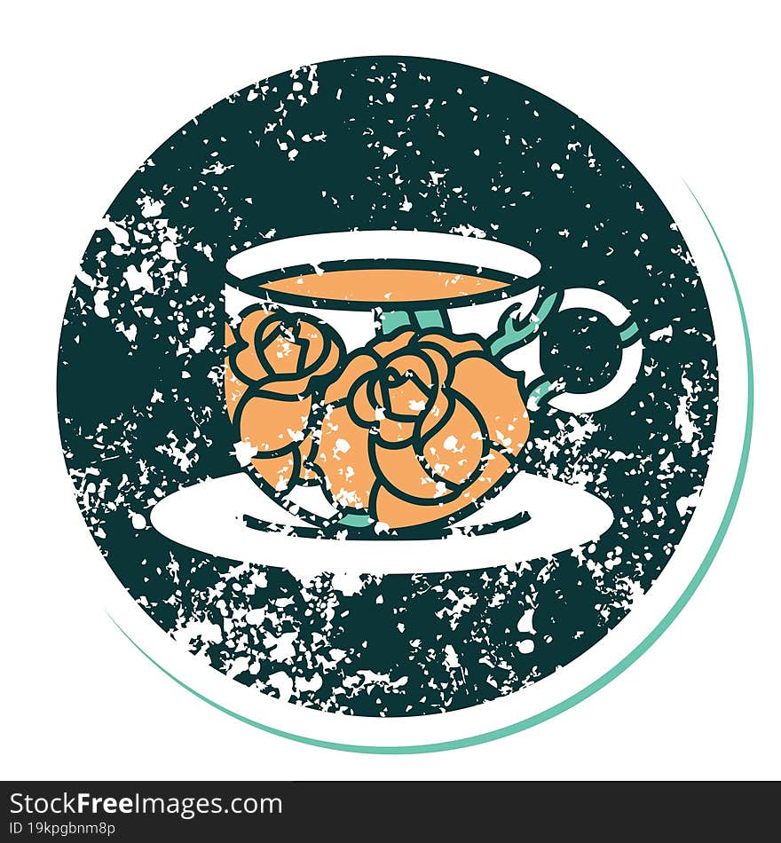 distressed sticker tattoo style icon of a cup and flowers