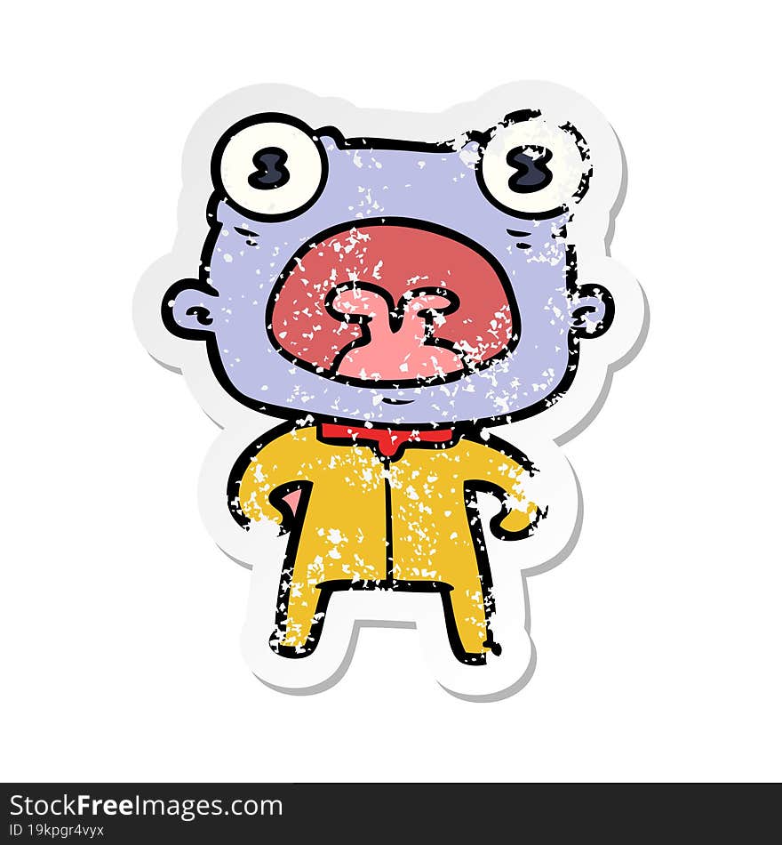 distressed sticker of a cartoon weird alien shouting