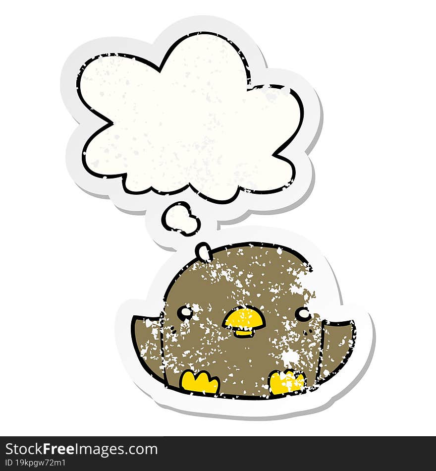 cartoon chick and thought bubble as a distressed worn sticker