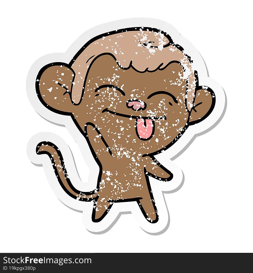 distressed sticker of a funny cartoon monkey waving