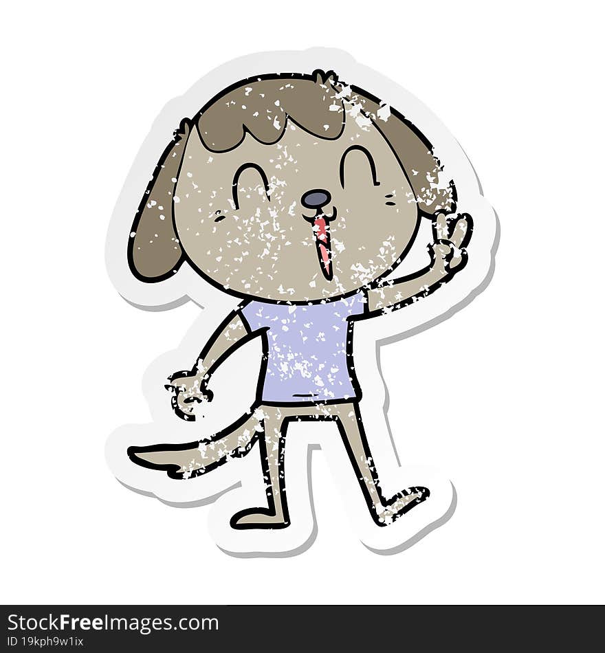 distressed sticker of a happy cartoon dog giving peace sign