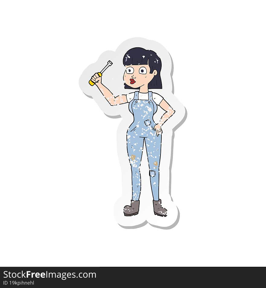 retro distressed sticker of a cartoon female mechanic