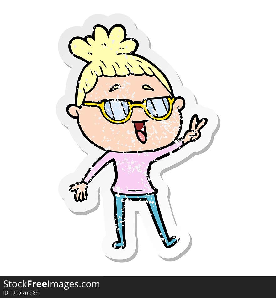 distressed sticker of a cartoon happy woman wearing spectacles