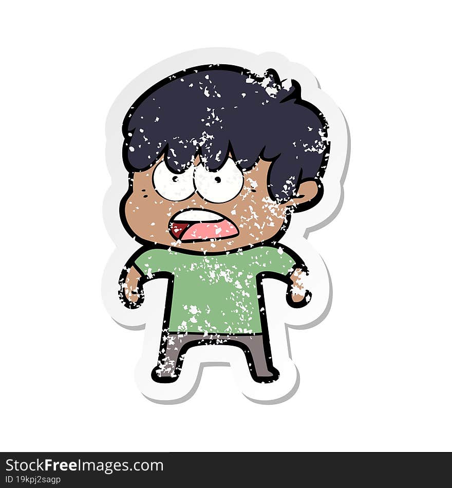 distressed sticker of a worried cartoon boy