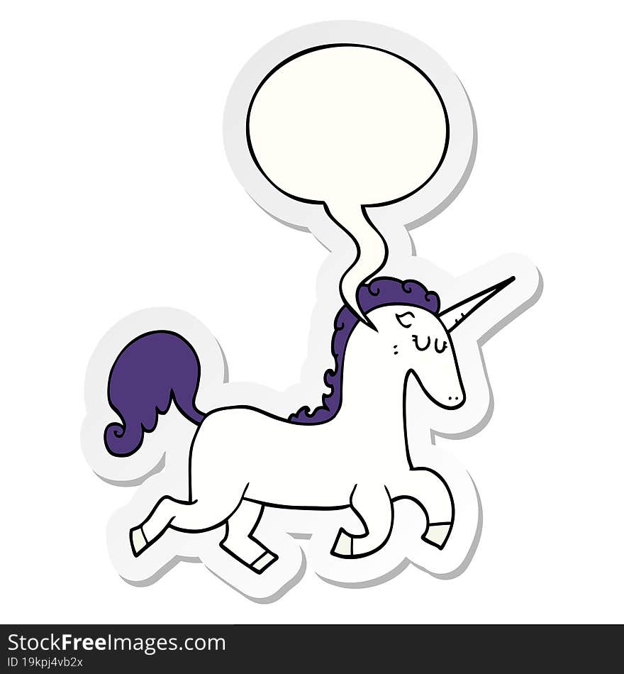 cartoon unicorn with speech bubble sticker. cartoon unicorn with speech bubble sticker