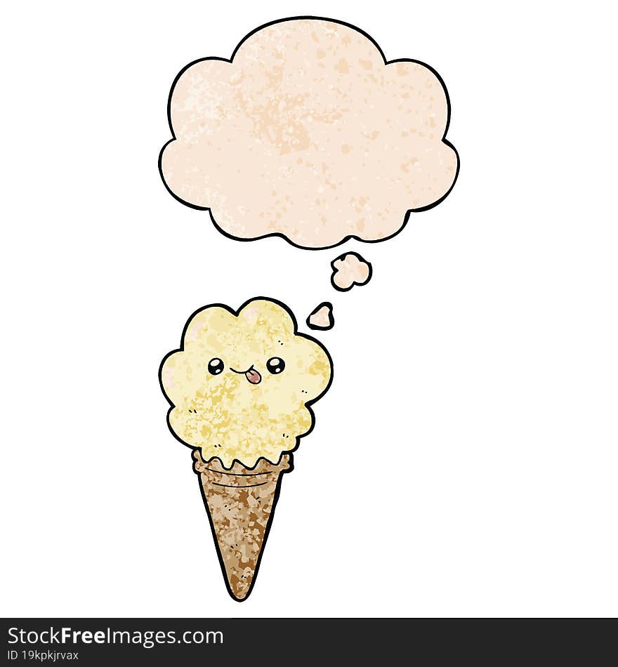 Cartoon Ice Cream And Thought Bubble In Grunge Texture Pattern Style